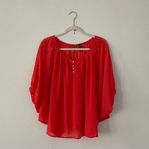 BKE Boutique Sheer Dolman Blouse Scoop Half Sleeve Top Red